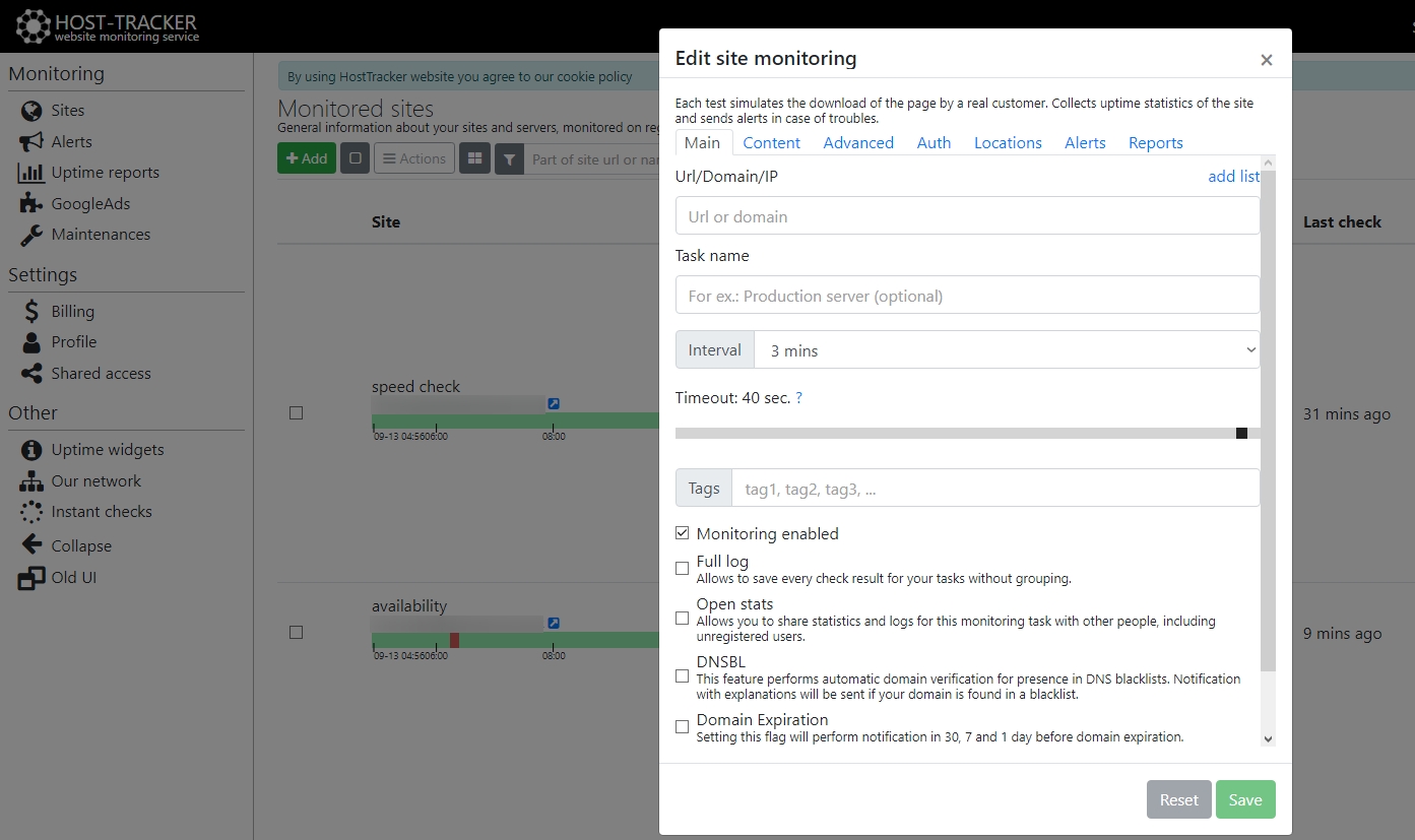 how to monitor website with HostTracker