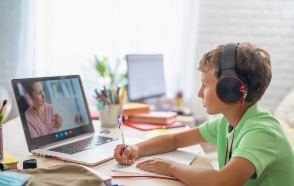 small boy uses laptop to make video call with his teacher. screen shows an online lecture with teacher explaining subject from class.